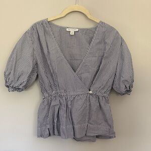 Free Assembly - 100% Cotton - Striped V-Neck Puff Sleeve Top - Size Small